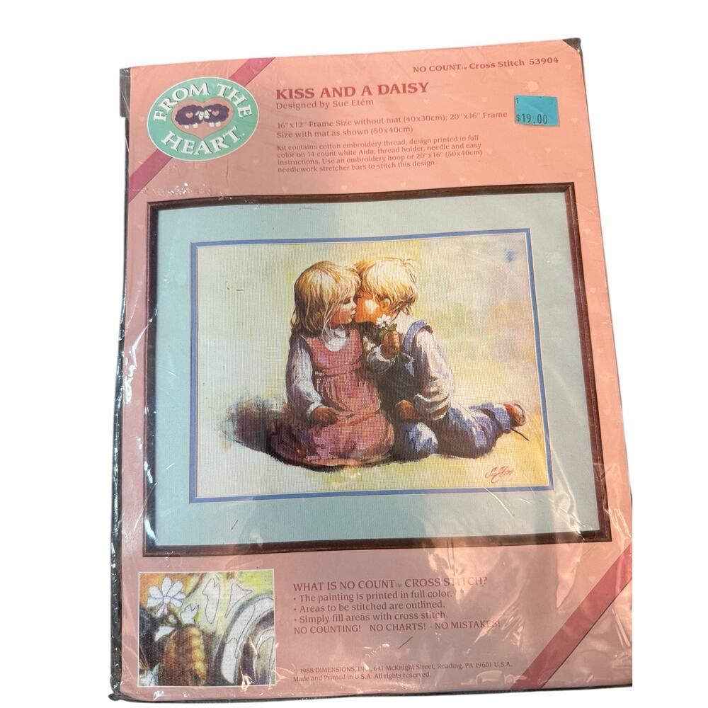 Vintage New From The Heart KISS AND A DAISY 53904 Cross Stitch 16x12 Love